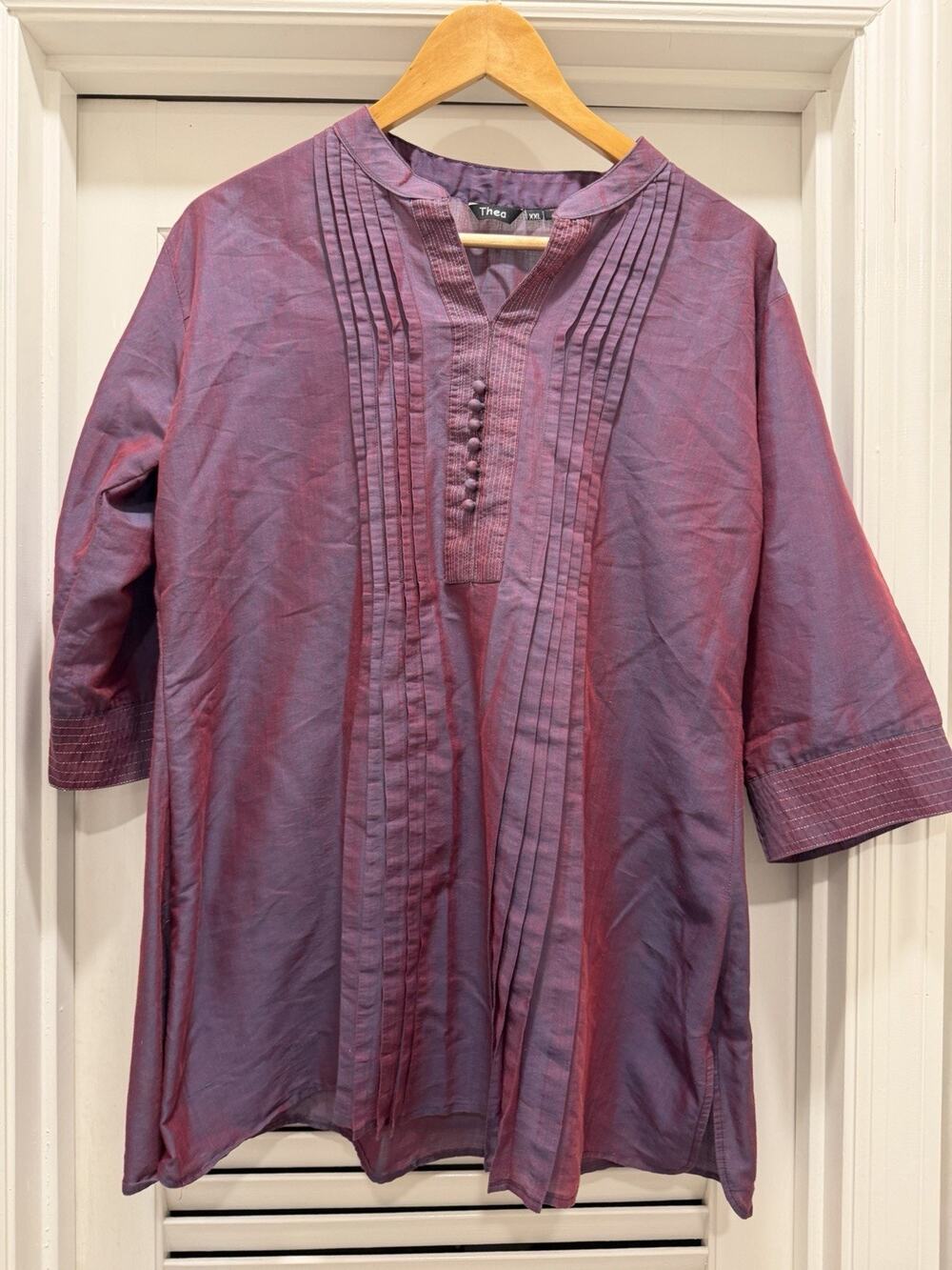 Thea Women’s XXL Purple Pintuck Tunic Blouse 3/4 Sleeve Button Front Boho